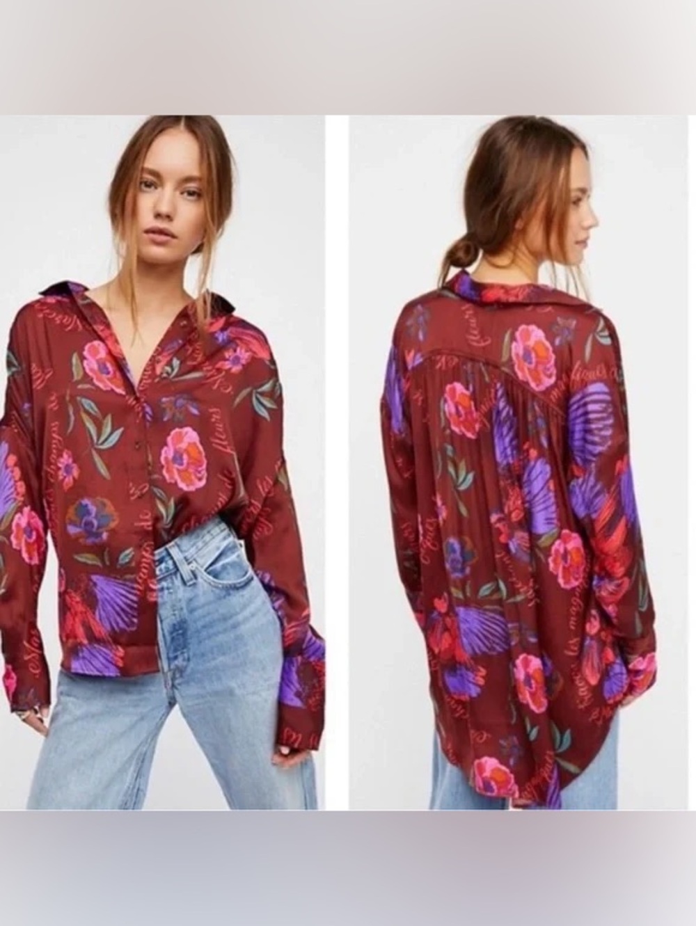 Free People Over Size Burgundy Floral Button-Down Blouse Size XS